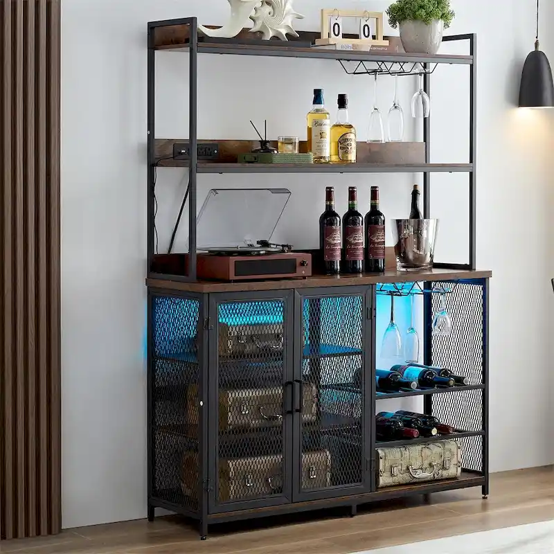 3-Tiers Buffet Cabinet with LED Strip and Glass Holder,Power Outlet