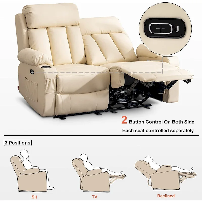 MCombo Electric Power Reclining Sofa with Heat & Massage, Faux Leather 6095/6075/6077