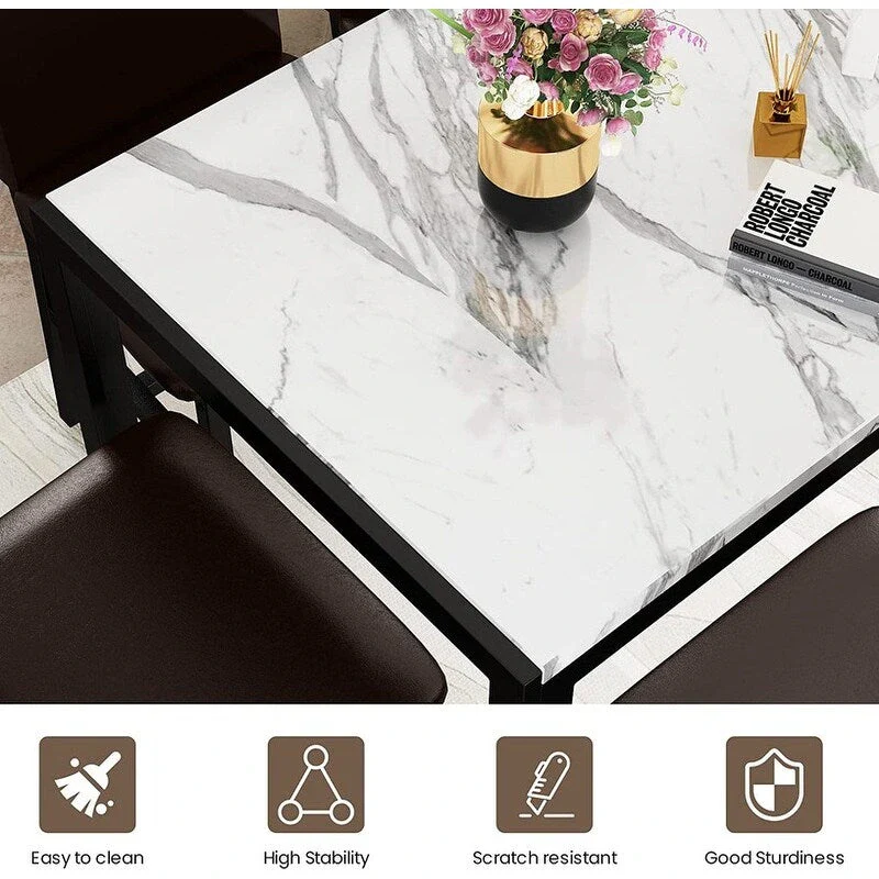 Modern Faux Marble 5 Pieces Kitchen Dining Set with 4 Cushion PU Leather Chairs