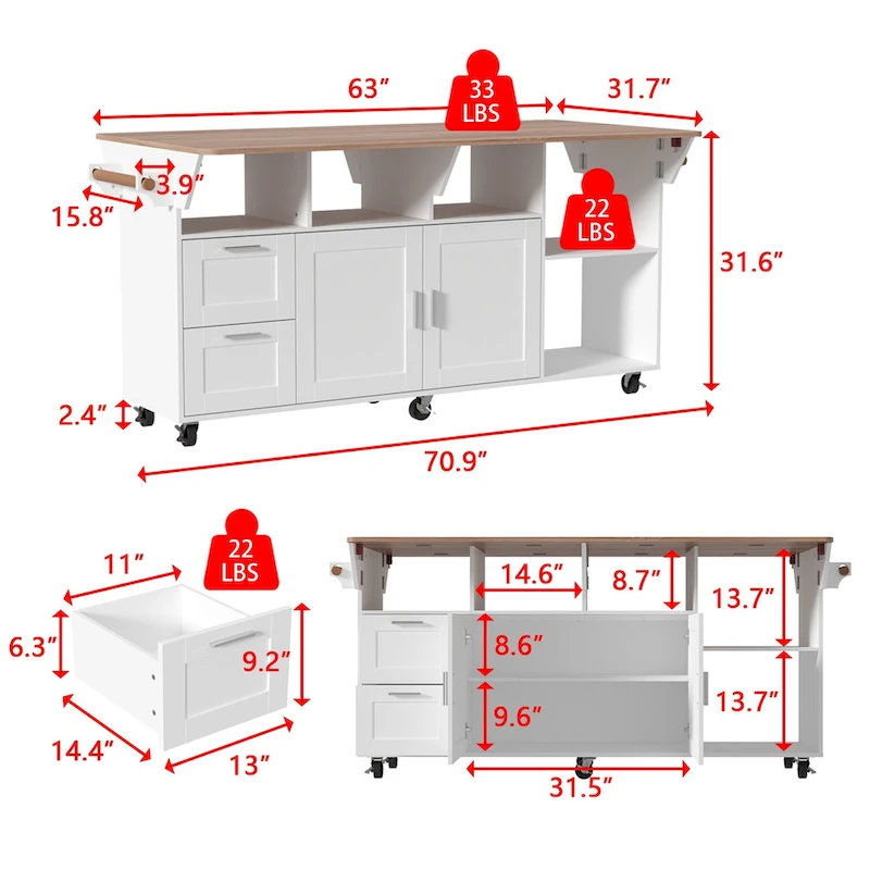 Rolling Kitchen Island Cart with Flip-Top Table, 2 Drawers, 2 Cabinets, and Towel Rack Buffet Sidboard