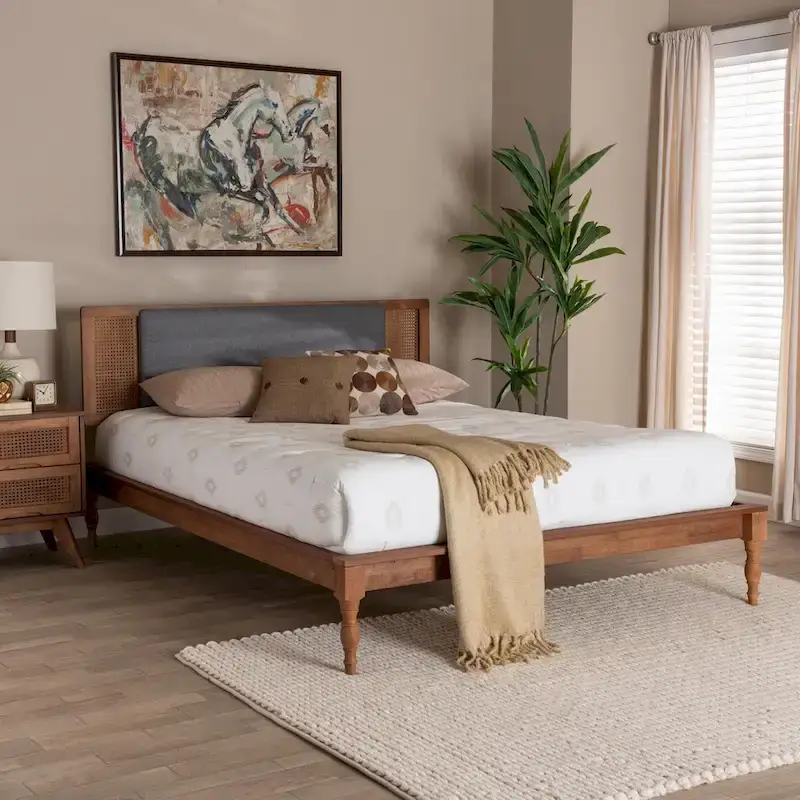 Eliseo Mid-Century Modern Dark Grey Fabric and Walnut Brown Finished Wood Platform Bed