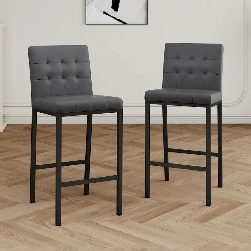 Modern High Bar Stools Set of 2, Kitchen Stool Island with PU Backrest, Gaming Chair with Metal Legs and Footstool