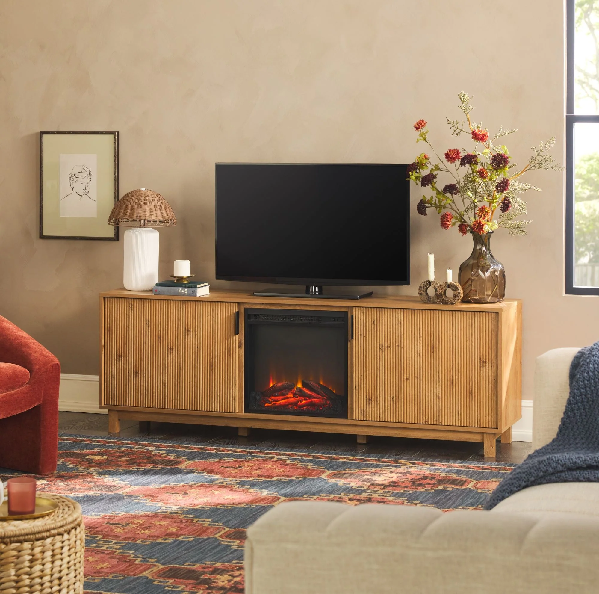 Reema Scandinavian 70 Modern Reeded TV Stand with Freestanding Electric Fireplace