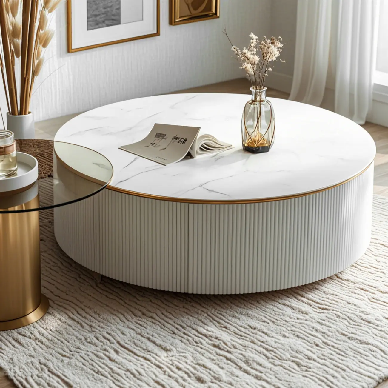 White Round Wood Lift-Top Drawer Coffee Table