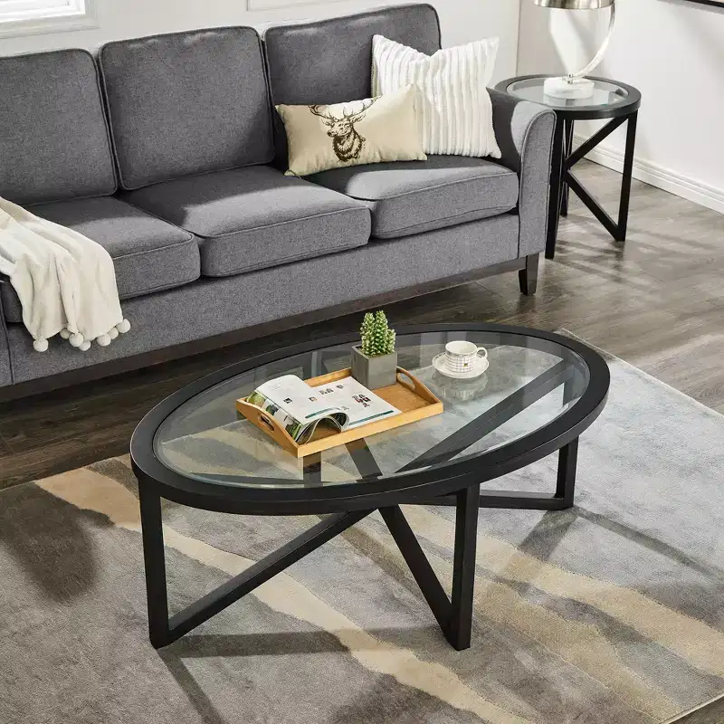 Round/Oval Coffee Table Glass End Table Cocktail Table Sofa Table Side Table Center Table, Black/Cherry-ModernLuxe