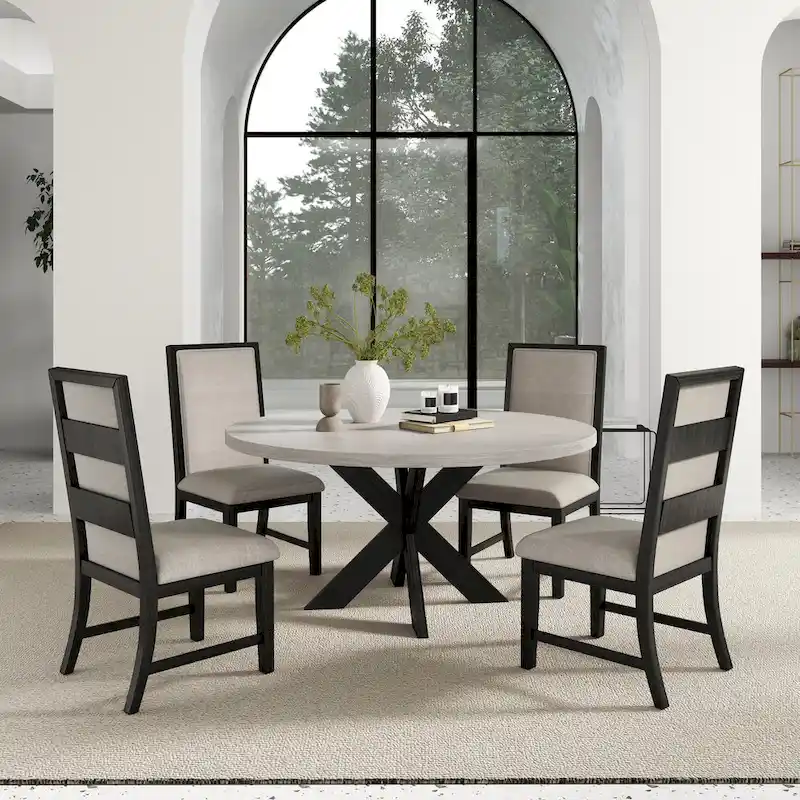 Roundhill Furniture Gates 5-Piece Round Dining Set, Light Gray