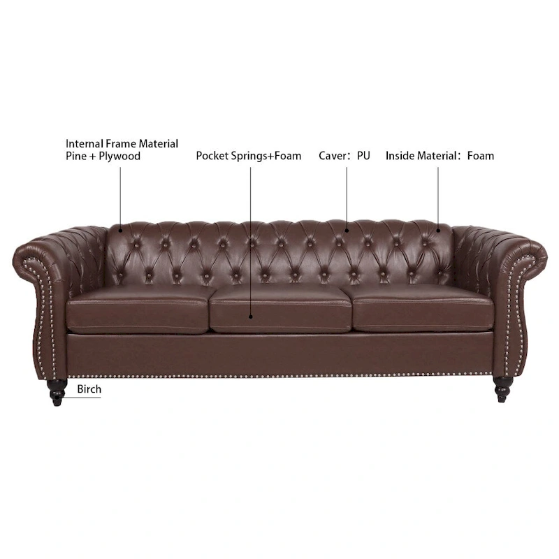 84.65 PU Rolled Arm Chesterfield 3 Seater Sofa