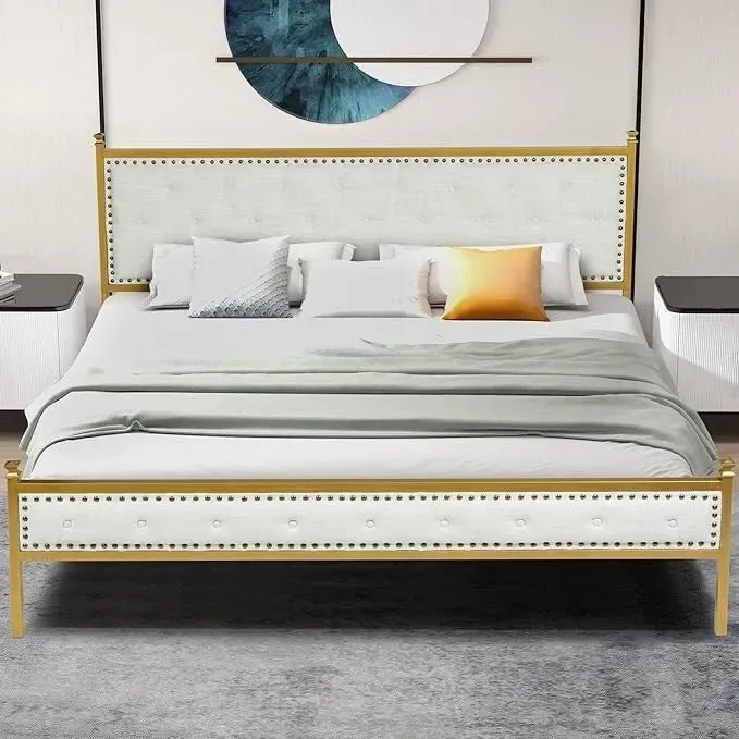 HomyLin Upholstered Platform Bed Frame with Tufted Headboard, No Box Spring Needed