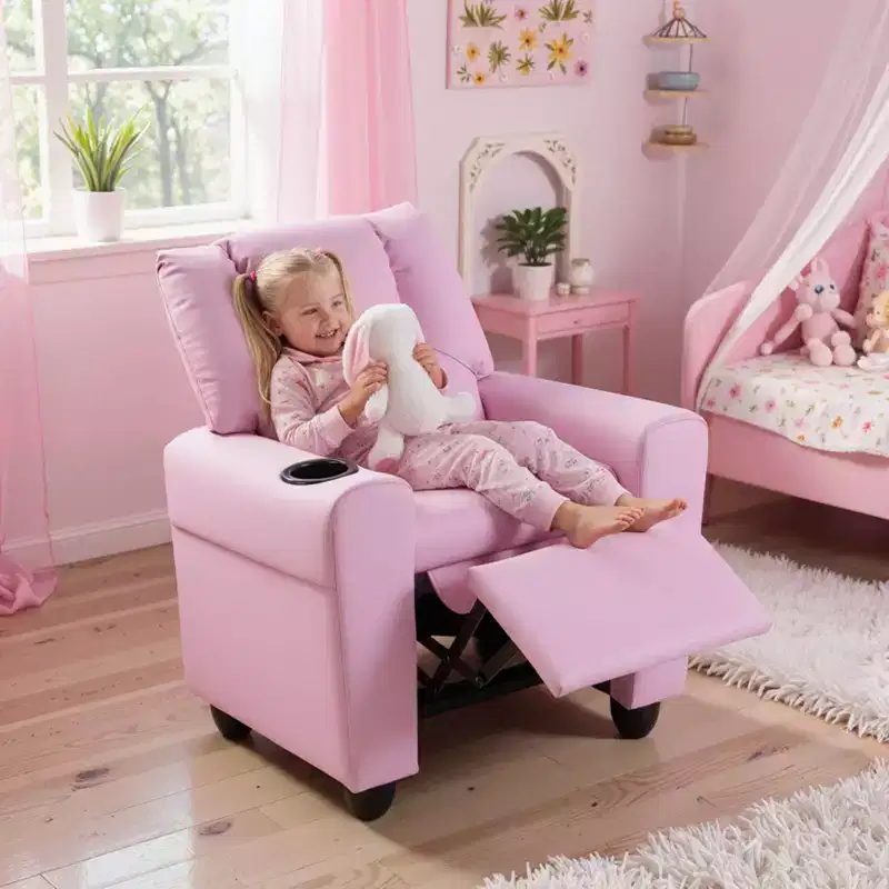 Kids Recliner Chair with Cup Holder – Beige / Black / Brown / Pink, Push-Back Style, 1-Seat