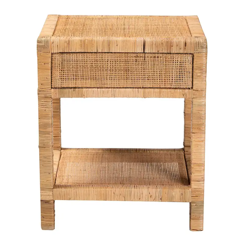 Adelia Modern Bohemian Natural Rattan and Mahogany Wood 1-Drawer Nightstand