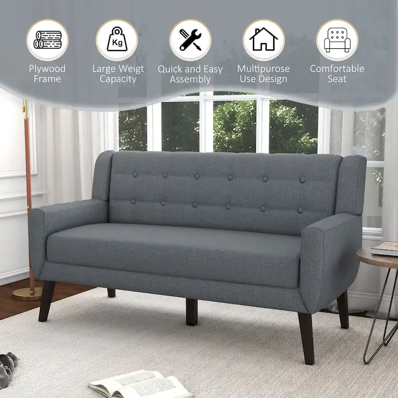 Modern Curved 63 Button Tufted Upholstered Loveseat with 2 Pillows