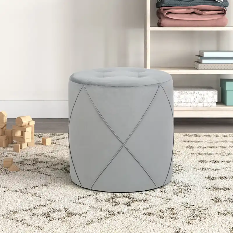 Adeco Velvet Round Tufted Ottoman Foot Rest Vanity Stool