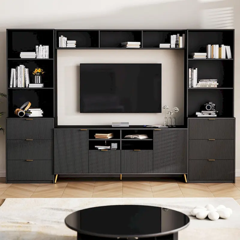 4-Piece Entertainment Wall Unit with 13 Shelves, 8 Drawers, and 2 Cabinets