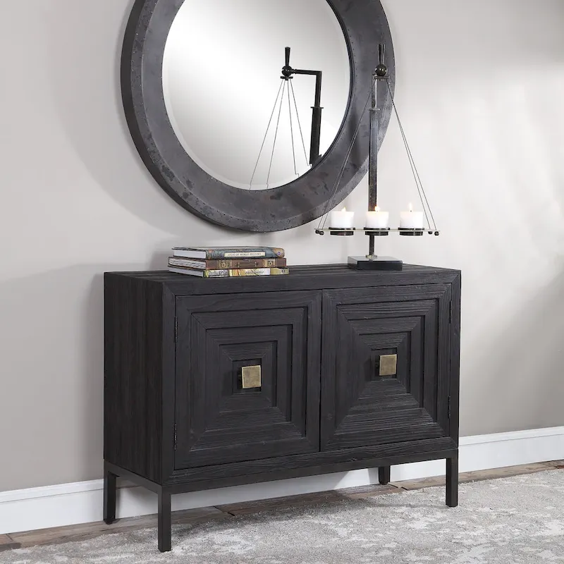 Black 2-Door Accent Cabinet with Brushed Brass Hardware – Single Shelf