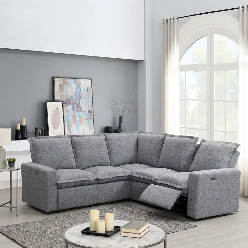 Grey Linen L-Shaped Sectional Sofa with Power Recliners & USB