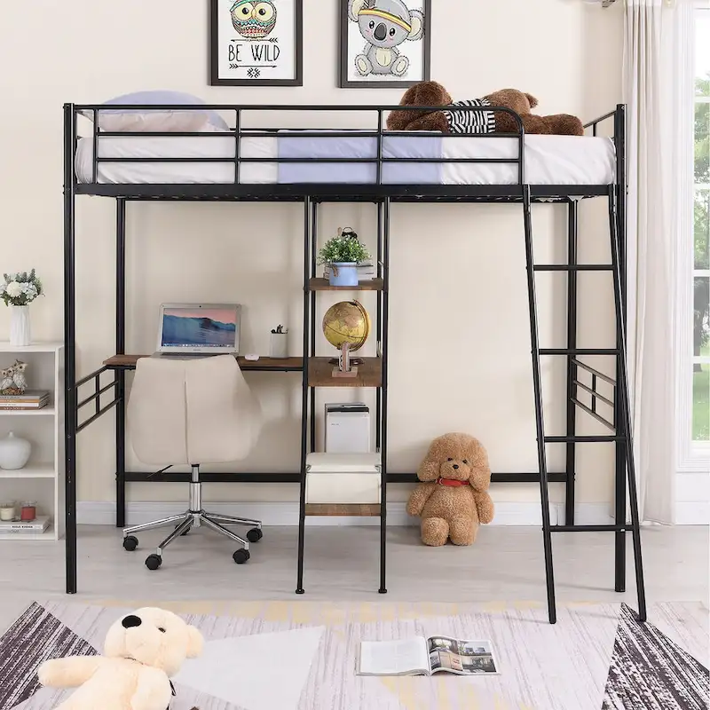 Twin Metal Loft Bed with Desk & Shelves