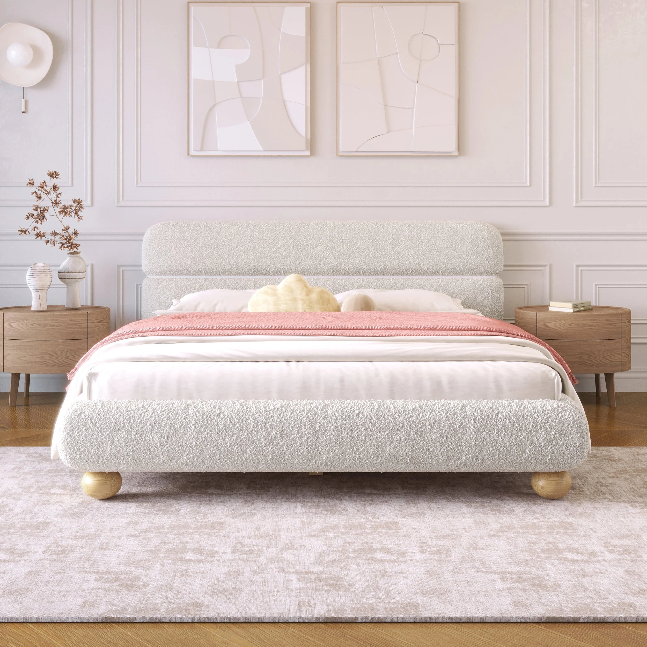 Walker Edison | Contemporary Boucle Queen Bedframe with Solid Round Legs