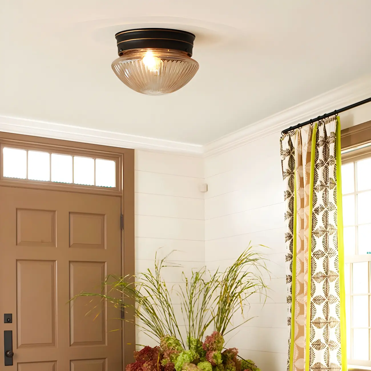 Classic Bronze Amber Ribbed Glass LED Flush Mount Ceiling Light