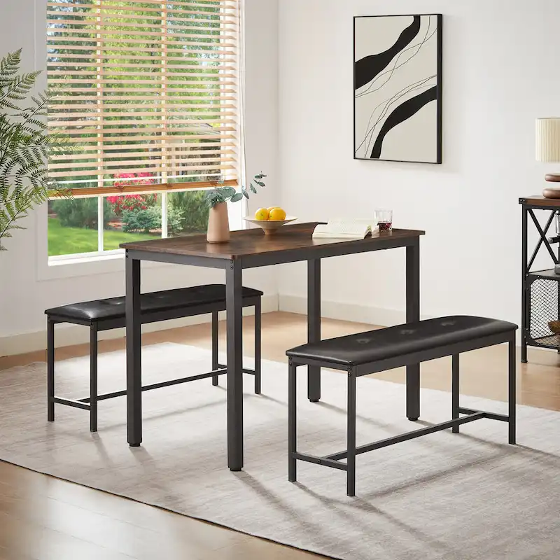 3-Piece Dining Table Set, Rectangular Dining Table with 2 Benches, Rustic Brown and Black
