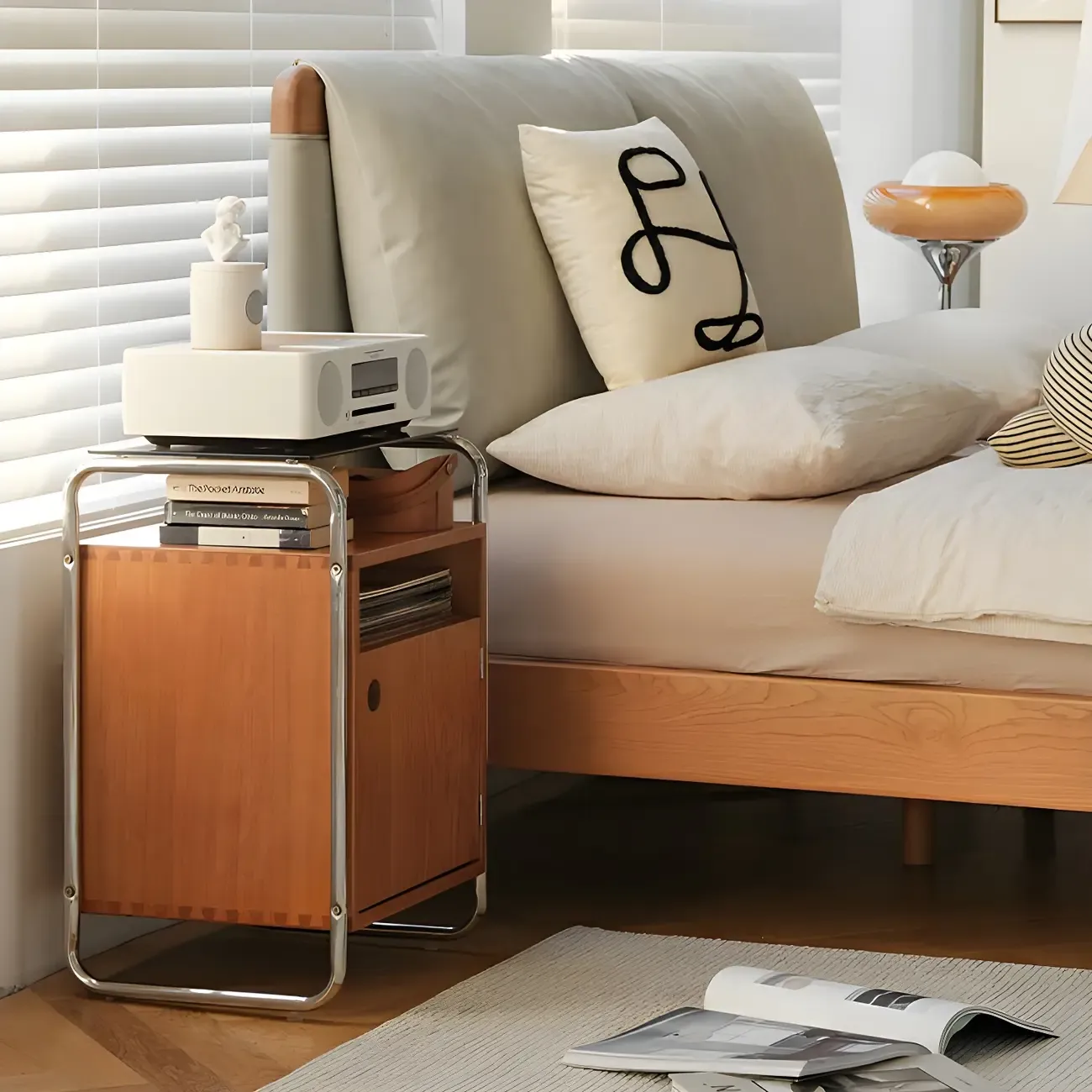 Natural Finish Narrow Glass-Top Light Wood Nightstand