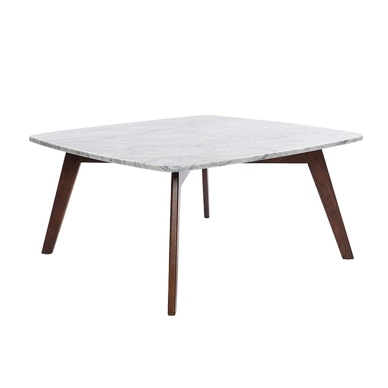Vezzana 31 Square Italian Carrara White Marble Coffee Table with Walnut Legs