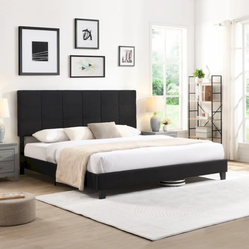 King Size Upholstered Platform Bed Frame with Linen Fabric Headboard,Black
