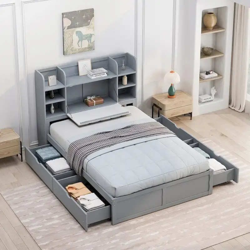 Full Size Bed Frame with 4 Storage Drawers and Upholstered Headboard