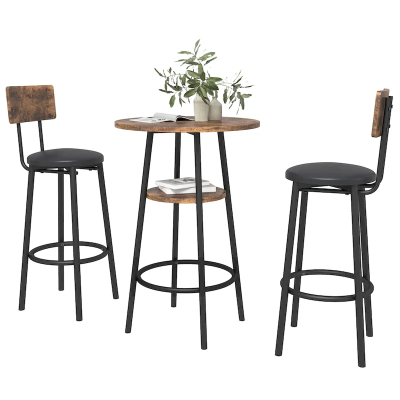 3 Pcs Dining Set, 2-Tier Round Bistro Bar Table & Upholstered Chair