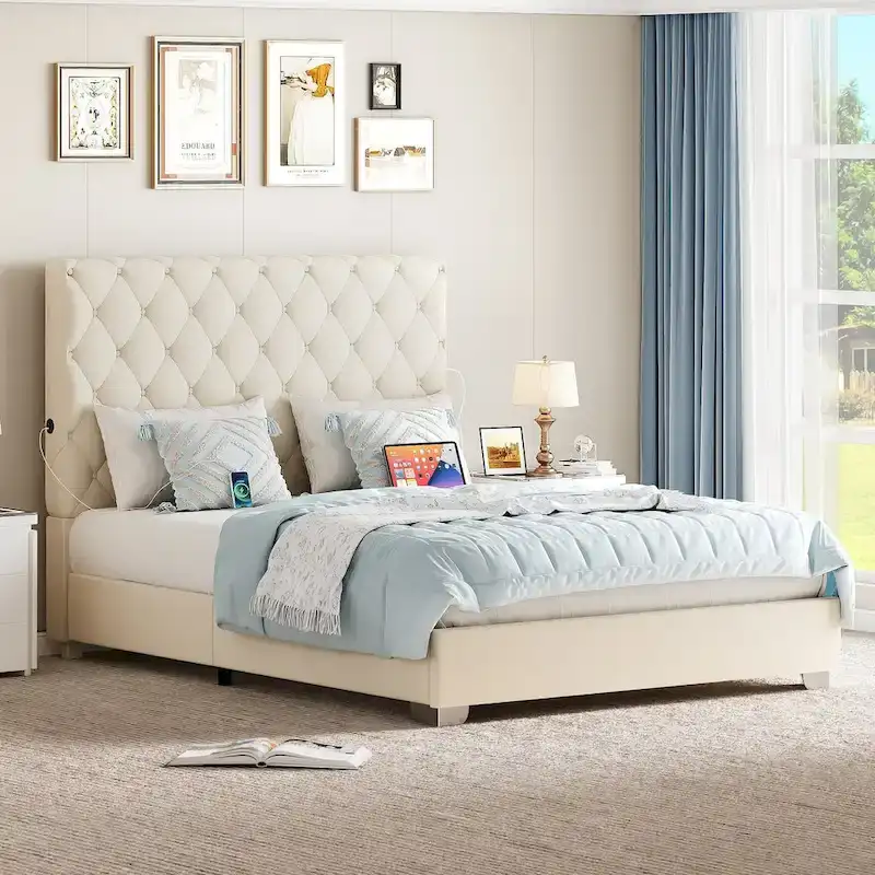 Moasis Upholstered High Headboard Bed Frame