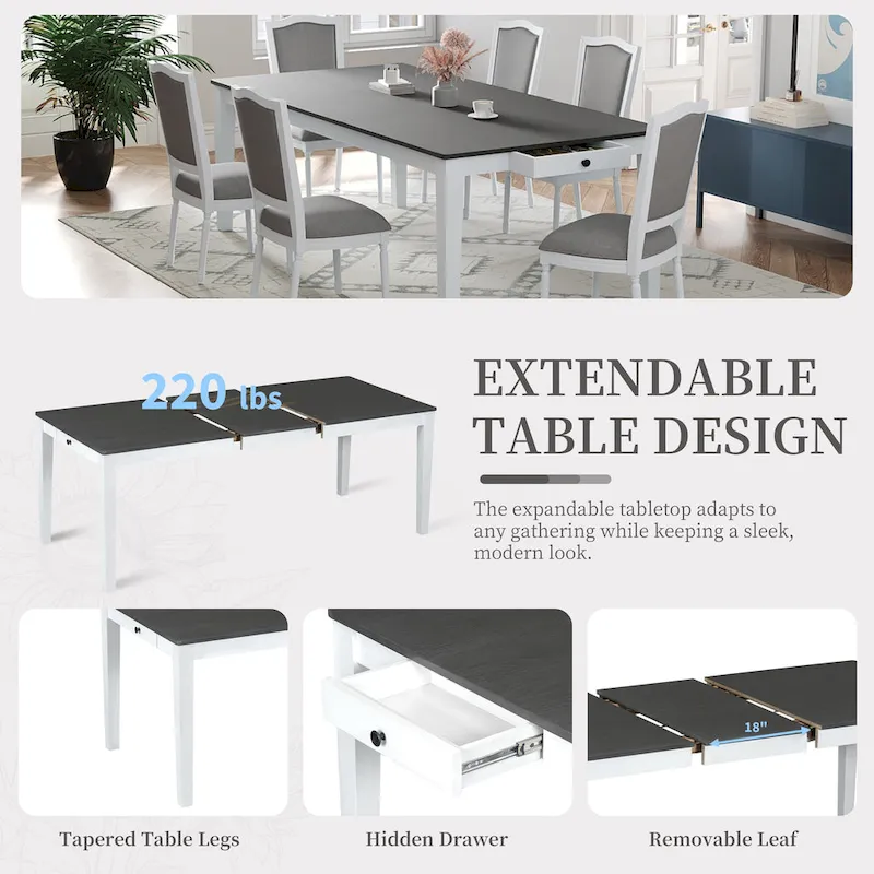 7 Pcs Dining Table Set, Solid Wood Table and Chairs Set with Extendable Dining Table, 2 Drawers and 6 Upholstered Chairs