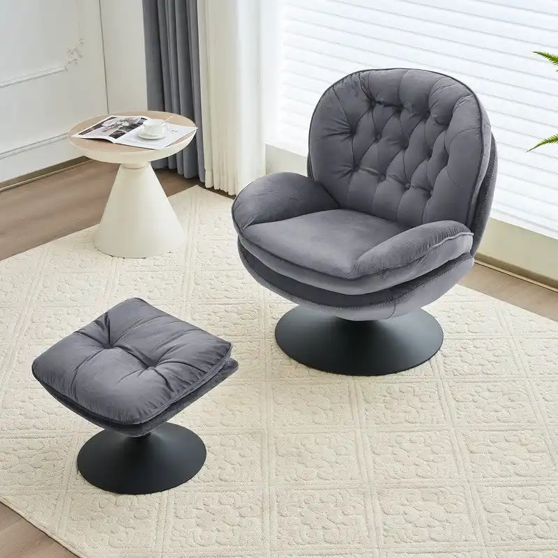 Velvet Swivel Accent Chair with Ottoman Round Reading Accent Chair Foot Stool Ottoman Set,360 Swivel,Metal Frame