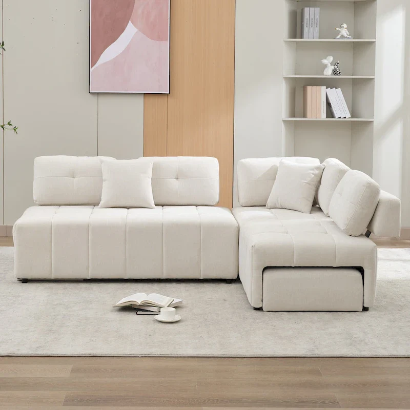 91.73  L-Shaped 4 Seater Sectional Sofa with 2 Hidden Stools, 2 Removable Lumbar Pillows, and Durable Chenille Upholstery