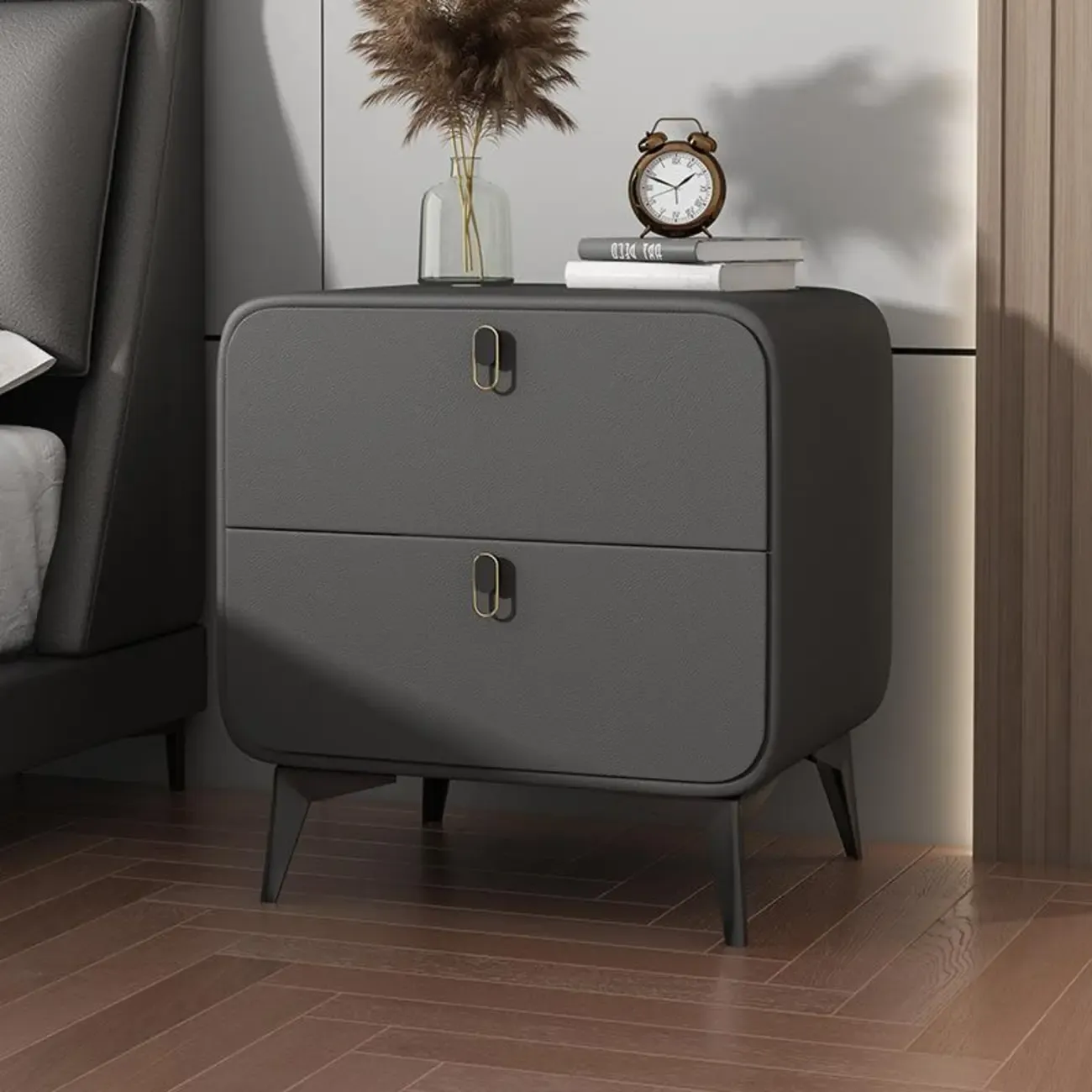 Scandinavian Leather 2 Drawers Wood Nightstand