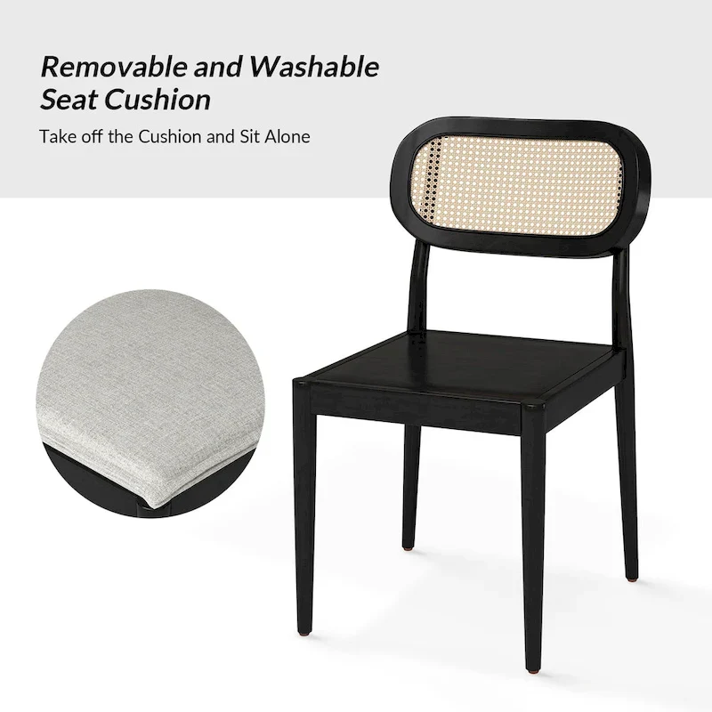 Modern Solid Wood Dining Chair with Ratten Back and Removable Cushion Set of 2 by
