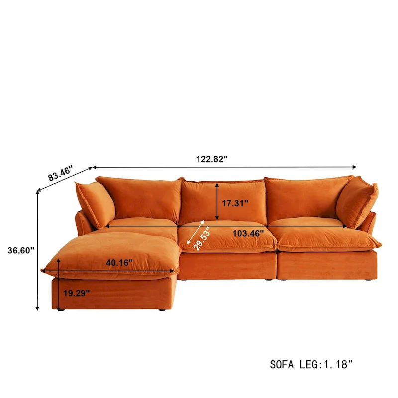 Cloud Sectional Sofa Down Feather Modular Couch L-shaped Velvet Wide Deep Seat Convertible Sofa.