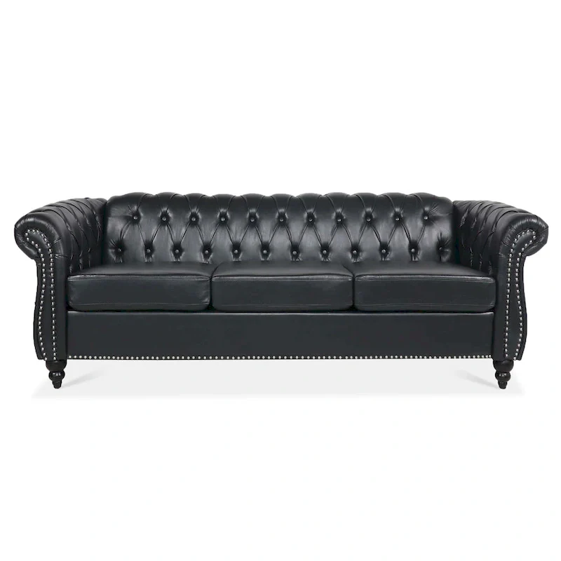 Faux Leather Rolled Arm Chesterfield Three Seater Sofa