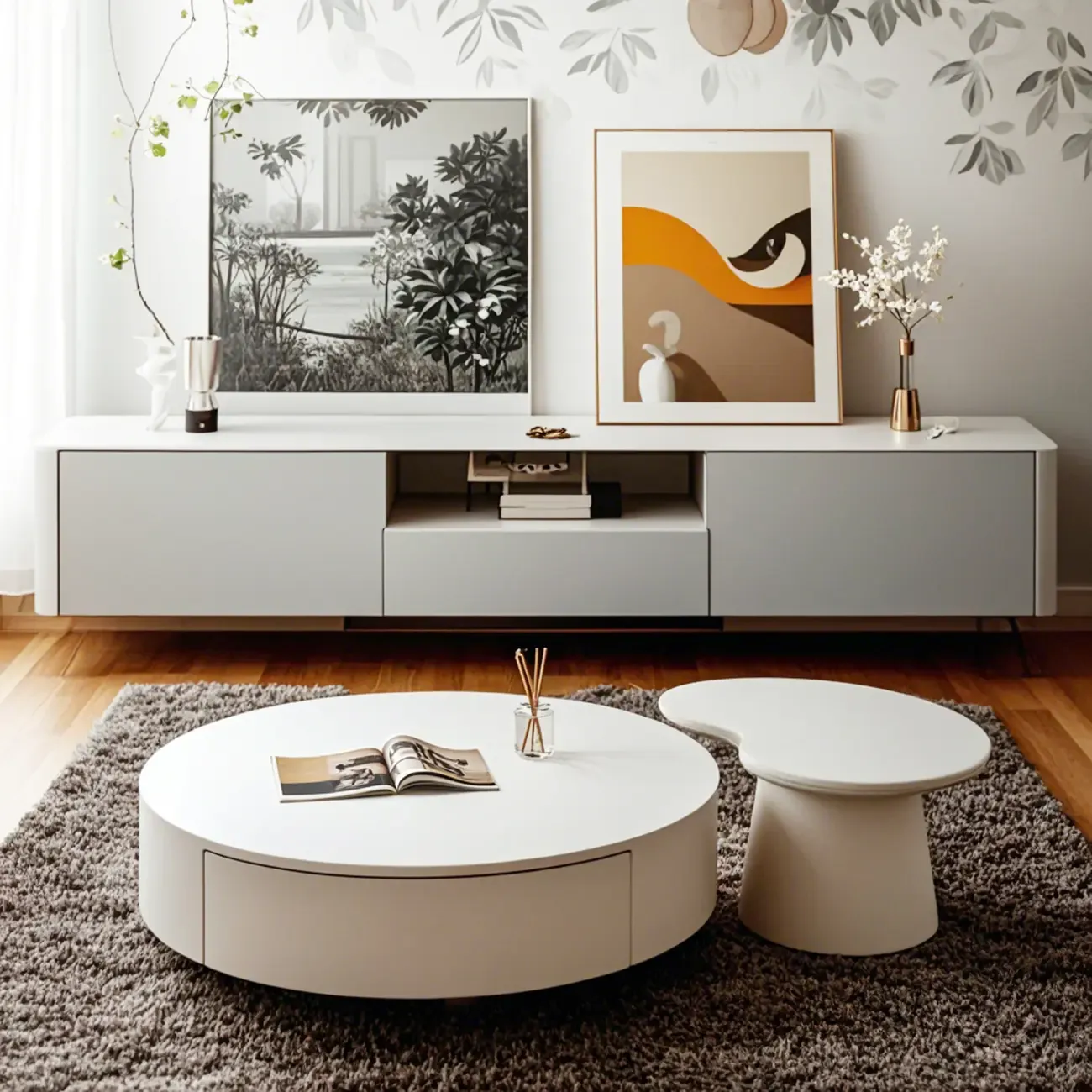 Pure White Round Modern Wood Drawer Coffee Table