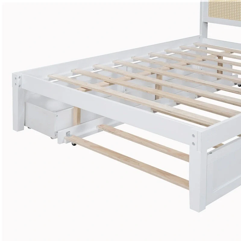 Elegant Bed Frame with Rattan Headboard and Sockets