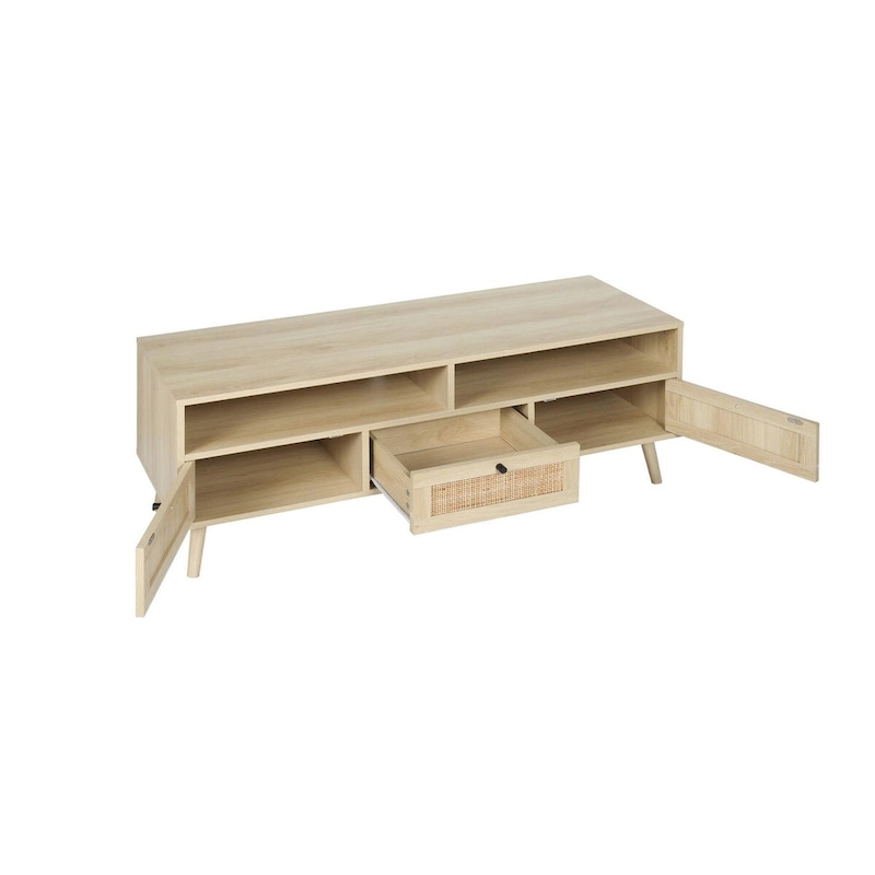 Modern Rattan TV Stand with Solid Wood Feet