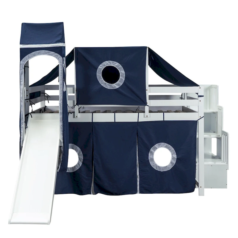 Blue Full Size Castle style Loft Bed with Storage Staircase and Slide
