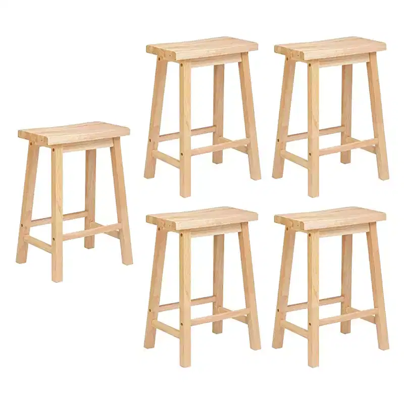 Wood Classic Saddle Seat 24'' Kitchen Bar Counter Stool with Backless Seat & 4 Square Legs, for Homes, Dining Spaces, and Bars, Natural (5 Pack)