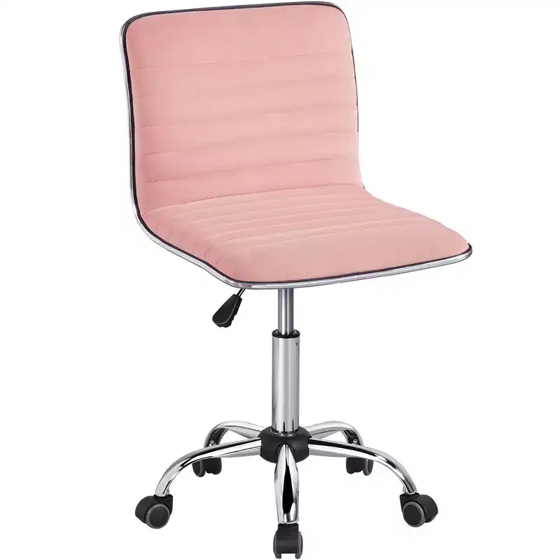 Velvet Low Back Armless Rolling Desk Chair – Apricot Pink / Dark Gray, 1-Person