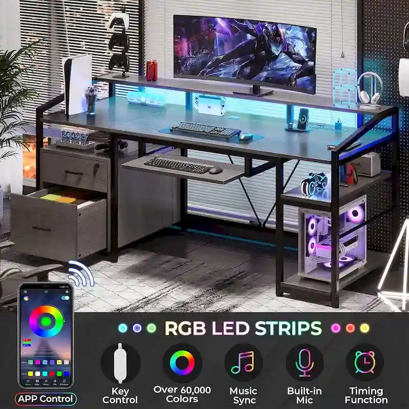 LED Computer Desk With Lock Drawers Keyboard Tray Power Outlet