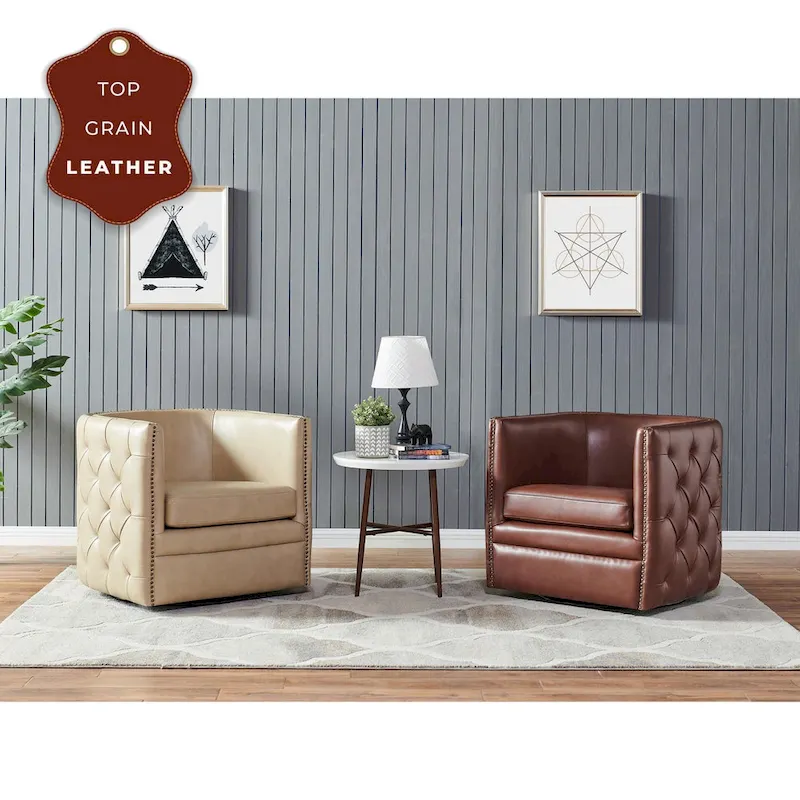 Leslie Top Grain Leather Swivel Tufted Chair