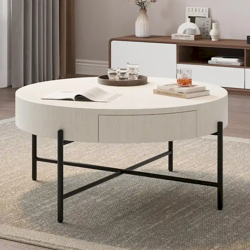 Round Coffee Table with with Two Drawers - Natural