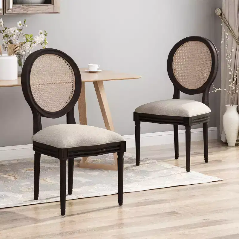 Christopher Knight Home Govan Upholstered Wood and Cane Dining Chairs (Set of 2), Beige/Natural Brown/Dark Brown