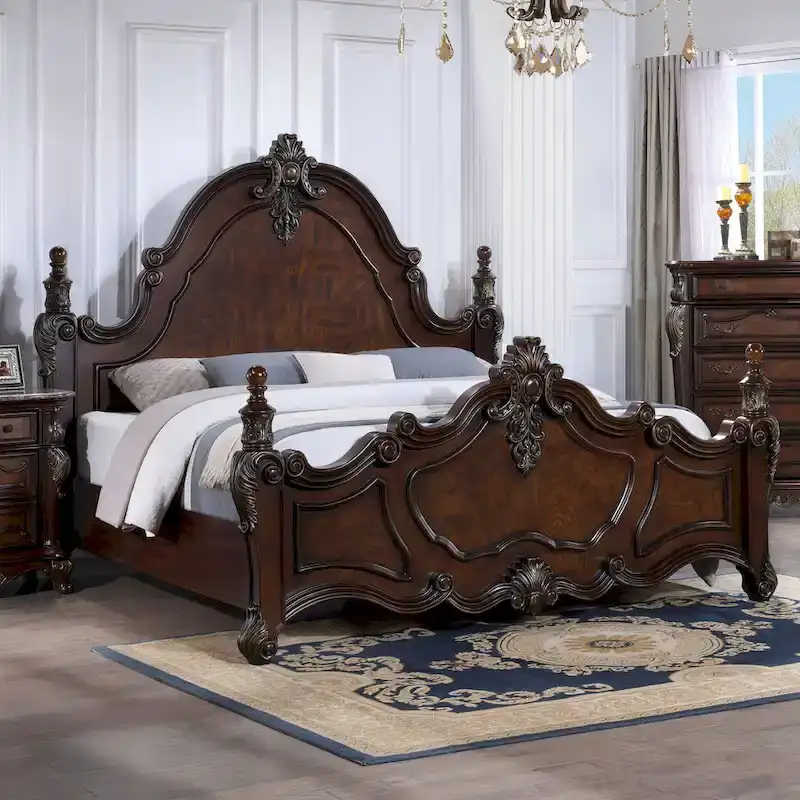 Furniture of America Eugene Traditional Dark Cherry Solid Wood Four Poster Panel Bed with Carved Details