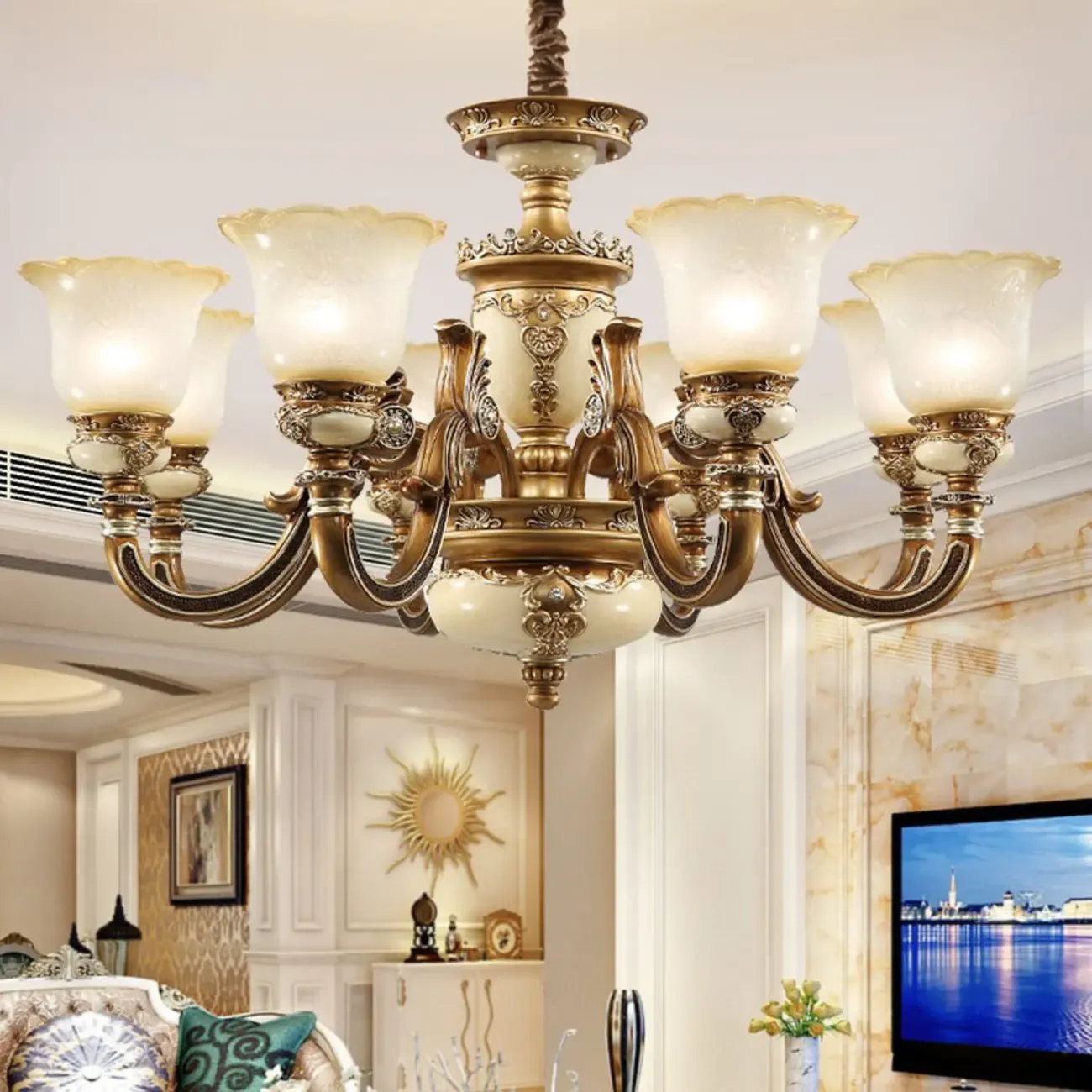 Vintage Living Room Brass Ceramic Glass Bell Shape Up Light Chandelier