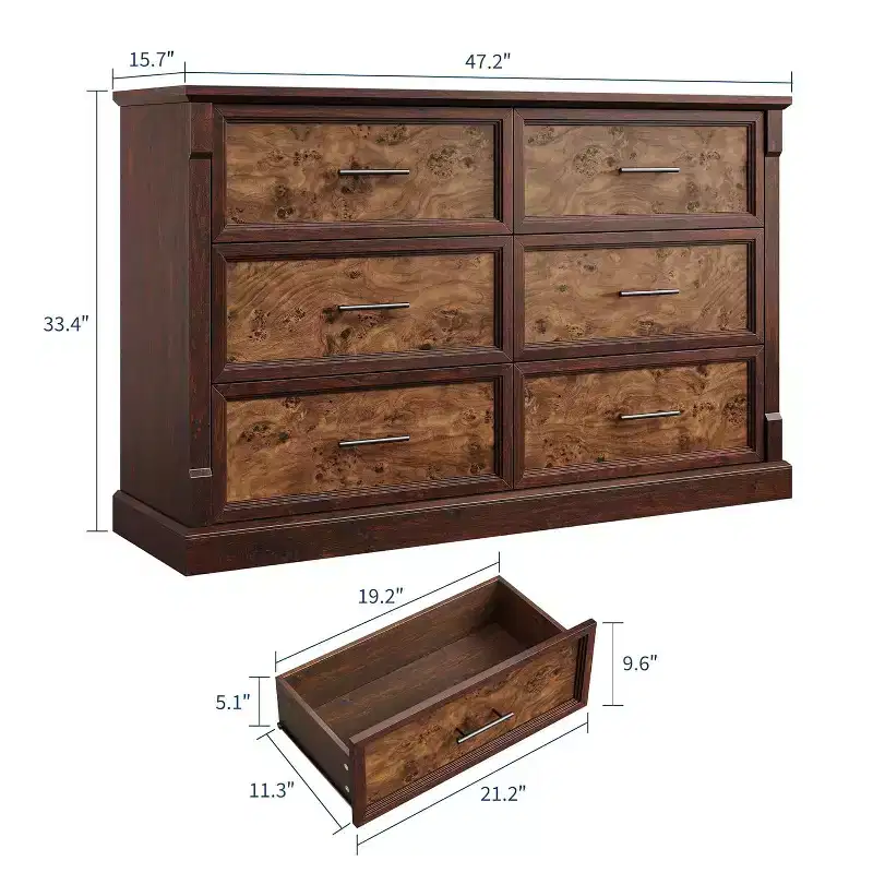 Acekool 47 Wide 6 Drawer Farmhouse Dresser with Deep Drawers, Bedroom Living Room Storage Organizer