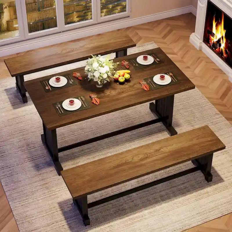 47 Inches Farmhouse Wood 3-piece Small Dining Table with 2 Benches - N/A